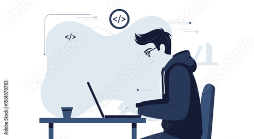 Coding At Home Young Developer Working On Laptop Writing Code Sitting At Desk