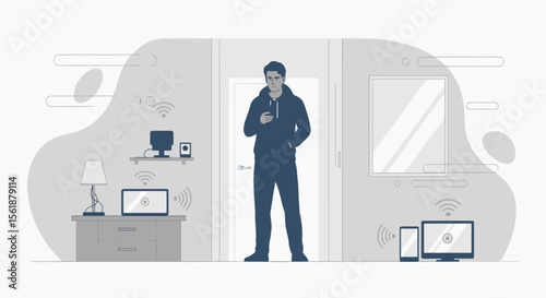 Connected Home Convenience Man Using His Smart Phone Controlling Devices Indoor