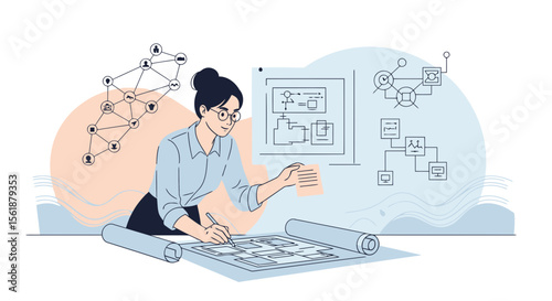 Creative Woman Architect Designing Blueprint With Network And System Diagrams