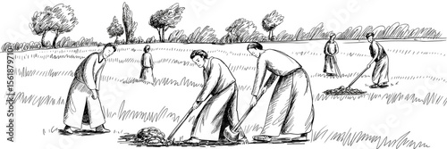 Sketch of farmers working in field with hoes, agricultural labor, harvest, rural landscape, farming
