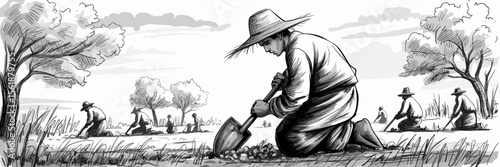Farmers planting crops in field, laboring agricultural workers, rural farming concept