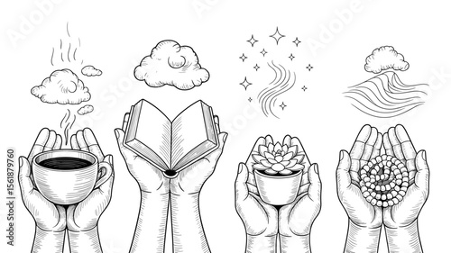 Hands holding coffee cup, book, plant, beads concept sketch. Wellbeing, mindfulness.