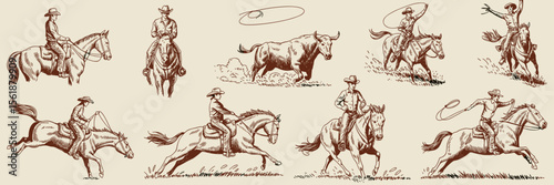 Cowboys riding horses with bull lasso sketch, vintage rodeo drawing, western scene