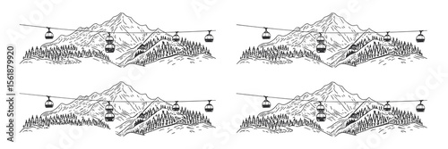Mountain landscape with gondola lift illustration. Ski resort transportation landscape.