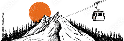 Mountain landscape with ski lift at sunset vector illustration background