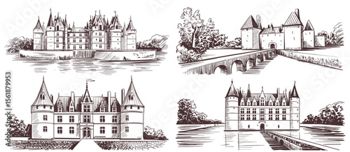 Castle sketches architecture illustration set. European castle design art drawings.