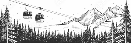 Winter mountain landscape sketch with ski lift, fir trees, snow falling, monochrome scenic view