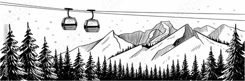 Mountain scene with ski gondolas, winter landscape with trees and snow