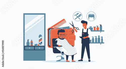 Customer In A Barbershop Getting His Haircut By A Smiling Professional Barber