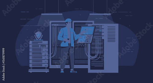 Data Center Technician Working With Server Racks Using Laptop Illustration