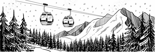 Winter ski resort landscape with gondola lift cabins, trees, mountains, snowfall cartoon illustration