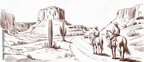 Two cowboys riding horses in desert landscape sketch illustration drawing. Western scene
