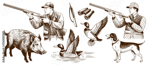 Hunting sketch with hunter, dog, boar, binoculars, and ducks in monochrome drawing