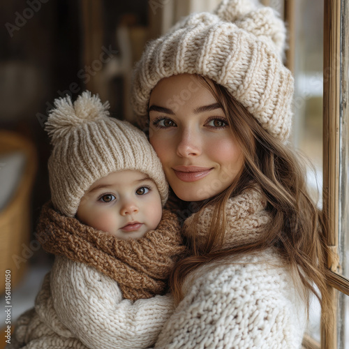 Woman holding baby in knitted hat.