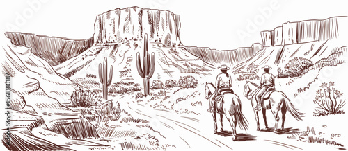 Two people riding horses in desert landscape sketch illustration