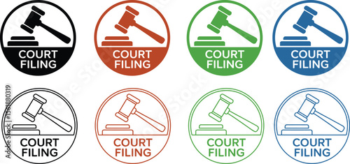 Court filing vector icon set for legal documents and judicial process use