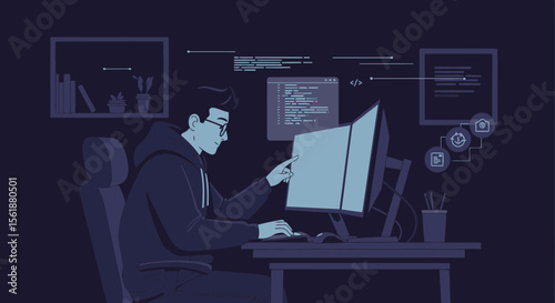 Dedicated Coder Concentrated On Computer Screen Wearing Glasses And Hoodie At Night