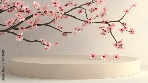 Elegant Pink Cherry Blossom Branch on Beige Round Podium