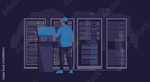 Data Center Engineer Managing Servers In Telecommunications Room Illustration