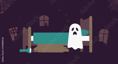 Spooky Season Ghost Hiding By The Bed In Dark Room Illustration