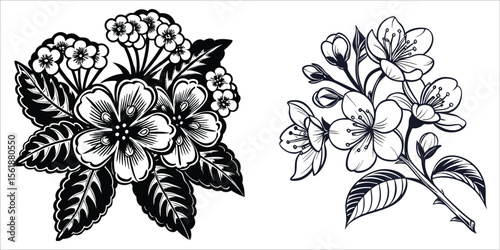 Floral branches with leaves blossoms buds