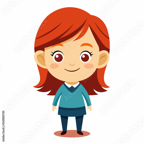 happy redhead girl, red hair girl, ginger girl, smiling girl, cheerful child, joyful girl, cute girl, full body girl, full-length girl, standing girl, cartoon girl, child character, redhead kid, white