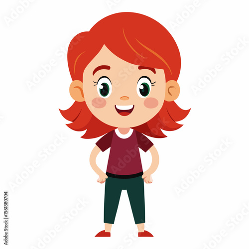 happy redhead girl, red hair girl, ginger girl, smiling girl, cheerful child, joyful girl, cute girl, full body girl, full-length girl, standing girl, cartoon girl, child character, redhead kid, white