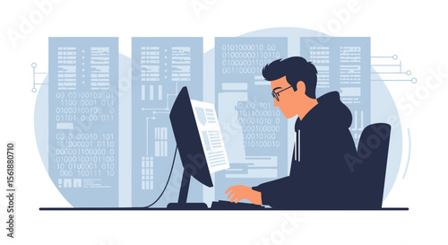 Dedicated Programmer Works on Innovative Software with Binary Data Backgrounds
