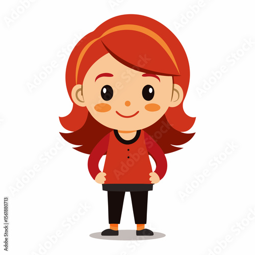 happy redhead girl, red hair girl, ginger girl, smiling girl, cheerful child, joyful girl, cute girl, full body girl, full-length girl, standing girl, cartoon girl, child character, redhead kid, white