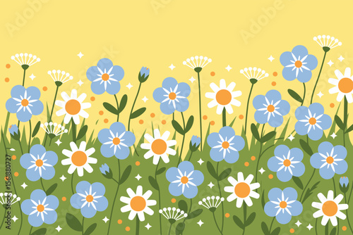 Floral vector background with blue flowers and daisies for spring designs