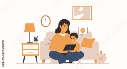Digital Family Budgeting An Adorable Scene Of Mother And Son Planning Savings At Home