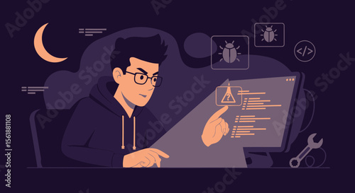 Developer Coding Troubleshooting Late At Night Working On Software Debugging Problem