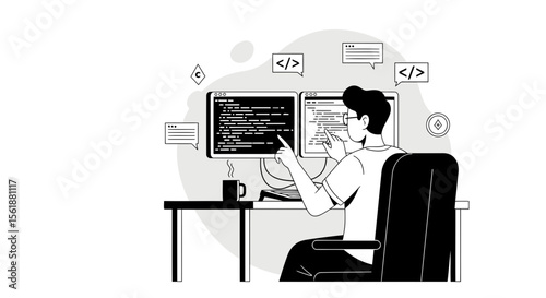 Developer Coding Website On Desktop Computers In Office Concept Illustration