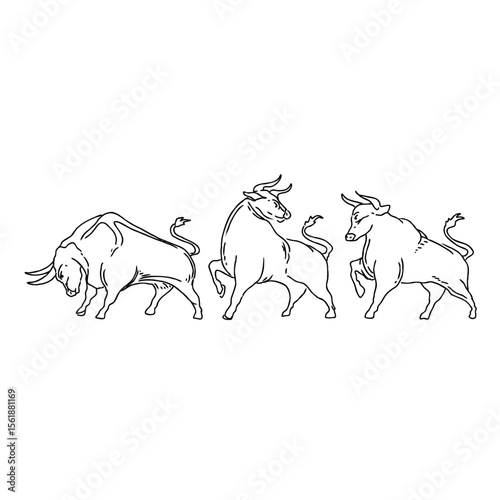 Three black and white bull line art