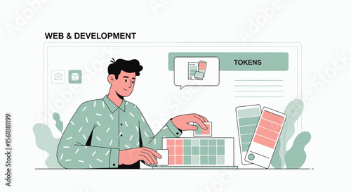 Developer Designing Application Interface With Color Palettes And Tokens On Screen