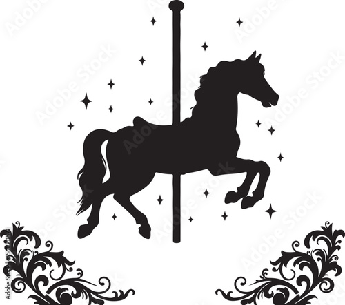 Black silhouette of a carousel horse with assembly parts shown separately, clouds and ornamental foliage around, white background