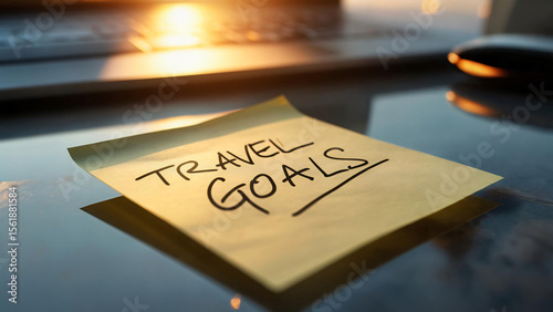 Post-it Note with “Travel Goals” Written, in Sunset Light on Clean Desk