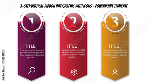 Colorful 3 Step Vertical Ribbon Infographic with Numbers and Icons – Editable PowerPoint Slide. Fully editable modern infographic vector elements SVG file compatible with PowerPoint.