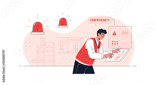 Emergency Response Operator Managing Critical Data In Crisis Situation Monitoring Alarms