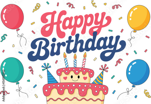 Happy birthday vector illustration with cake balloons and confetti design
