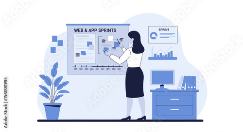 Woman Explaining Web And App Sprints Charts In Office Setting Meeting Conference