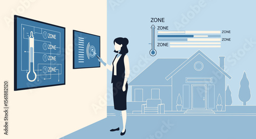 Woman Interacting With Smart Home Control Panel For Temperature Management