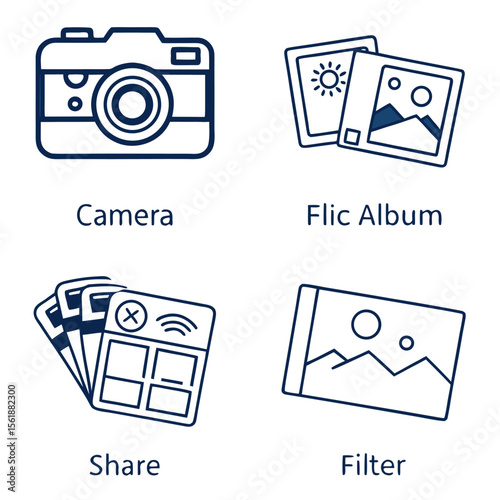 Collection of four simple line art icons representing photography and photo editing concepts including a camera photo album sharing and filters