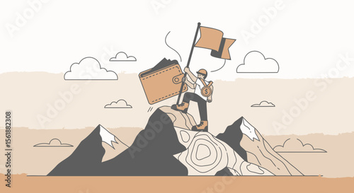 Financial Conquests Man Reaches Peak Holding Wallet on Mountain Top Concept