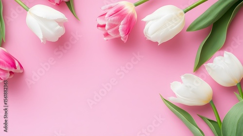 Elegant Pink and White Tulips Floral Arrangement on Pink Background