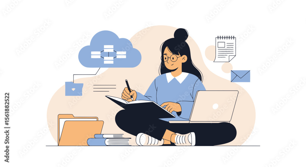 Fototapeta premium Woman Studying And Working On Data Storage With Computer And Writing Tasks