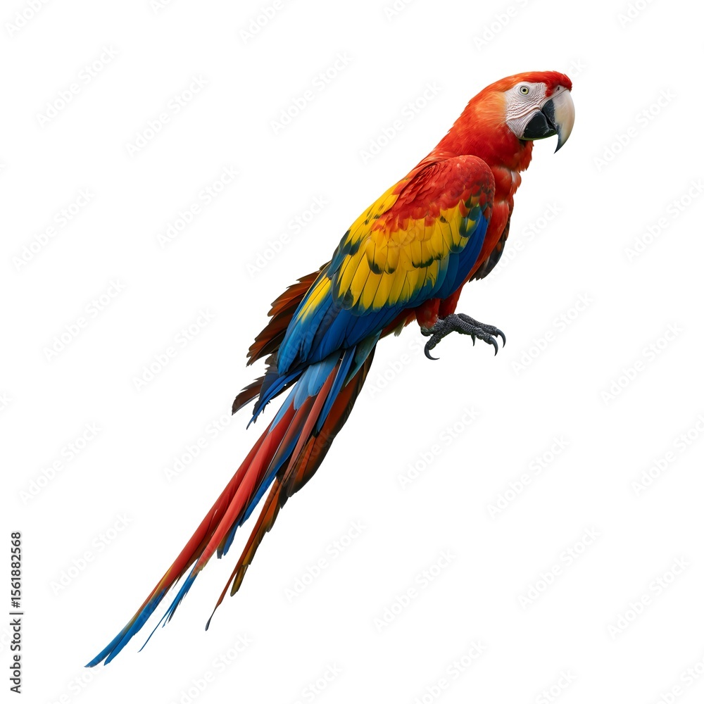 Obraz premium A vibrant scarlet macaw, resplendent with red, yellow, and blue plumage, perches gracefully against a stark white background showing its brilliant colors and form.