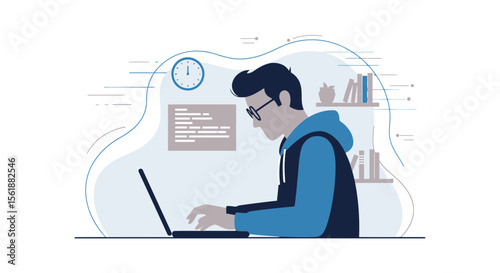 Freelancer Working On His Laptop At Home In A Cozy Workspace
