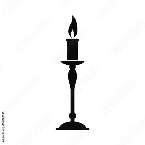 Lit Candle on Ornate Candlestick, Elegant Black Silhouette Vector for Spiritual, Religious, Memorial Themes, Invitations, and Branding