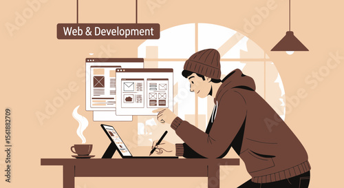 Young Designer Creates Interactive Web Pages On A Tablet During Morning Coffee